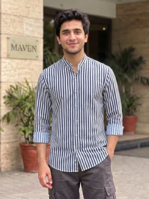 MAVEN Rustic Pinstripe Mandarin Collar Shirt