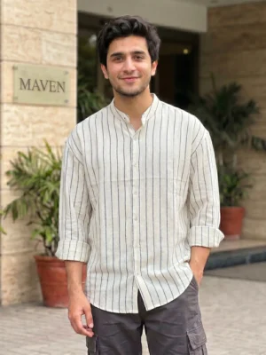 MAVEN Rustic Pinstripe Mandarin Collar Shirt