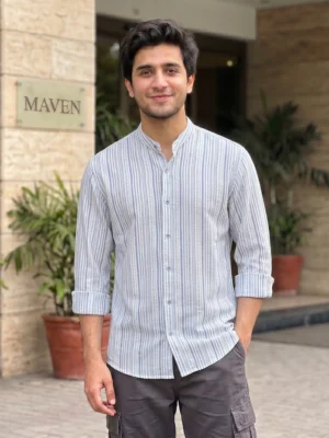 MAVEN Rustic Pinstripe Mandarin Collar Shirt